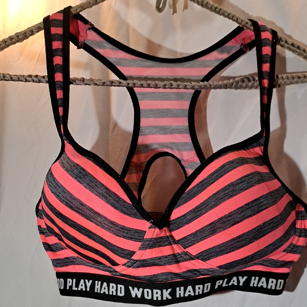 Play Hard Striped Sports Bra - Coral and Black